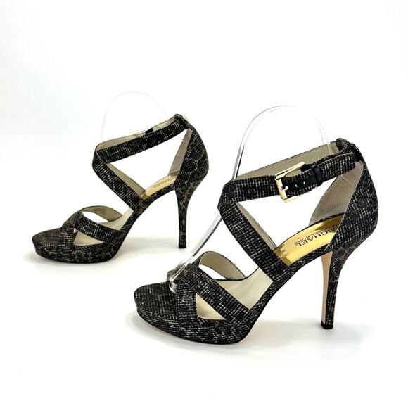 Michael Kors Evie Stiletto Heel Sandal Sz 8.5 Black/Gold Platform Spark Glitter - Picture 1 of 16